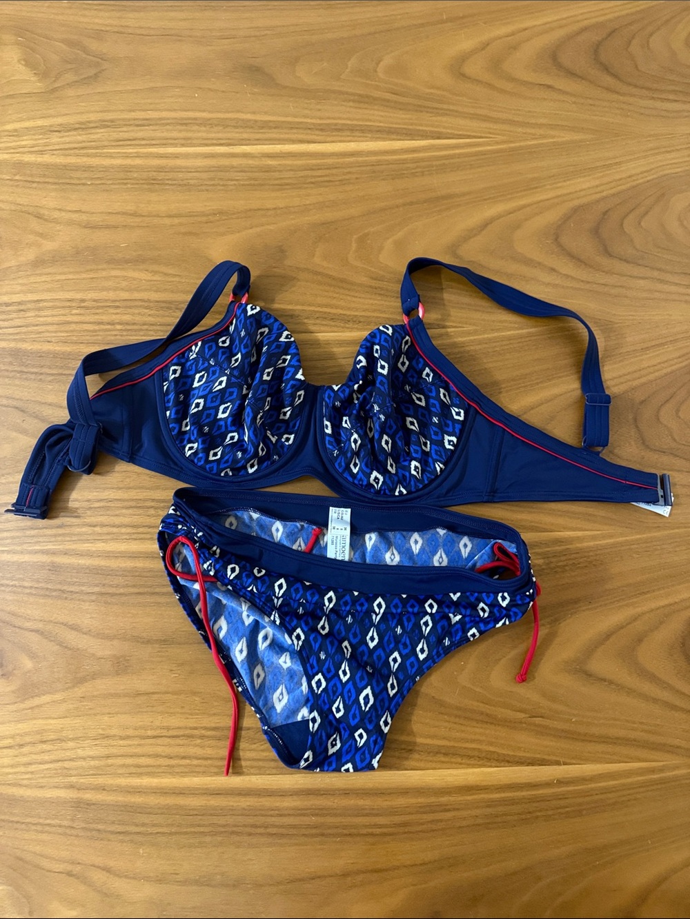 Navy Blue Patterned Girls' Two-Piece Swim Set with Red Trim